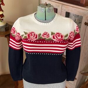 Y2K Cross stitch Rose Cotton knit Sweater Red Stripe & Navy Cottagecore